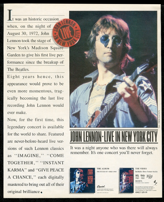 1986 John Lennon Photo Live In New York City Album Release Vintage 