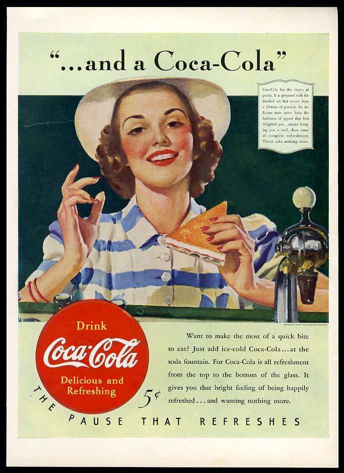 1940 Coke Coca Cola Smiling Woman At Soda Fountain Art Vintage Print Ad 