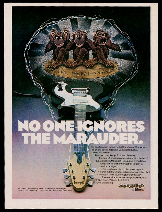 Gibson Marauder electric guitar 3 evil monkey art vintage print advertisement