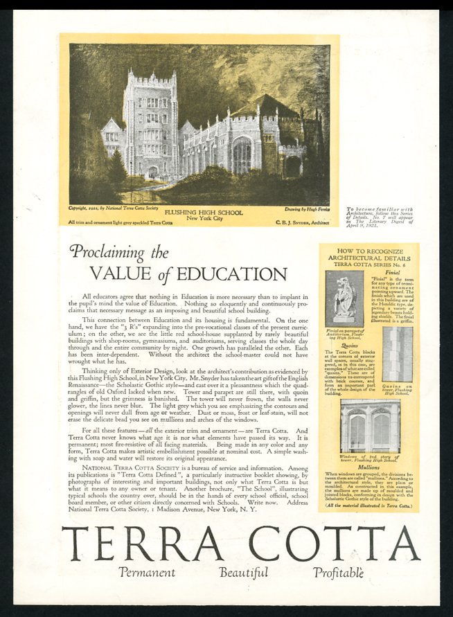 1921 Flushing High School Hugh Ferriss Terra Cotta ad  