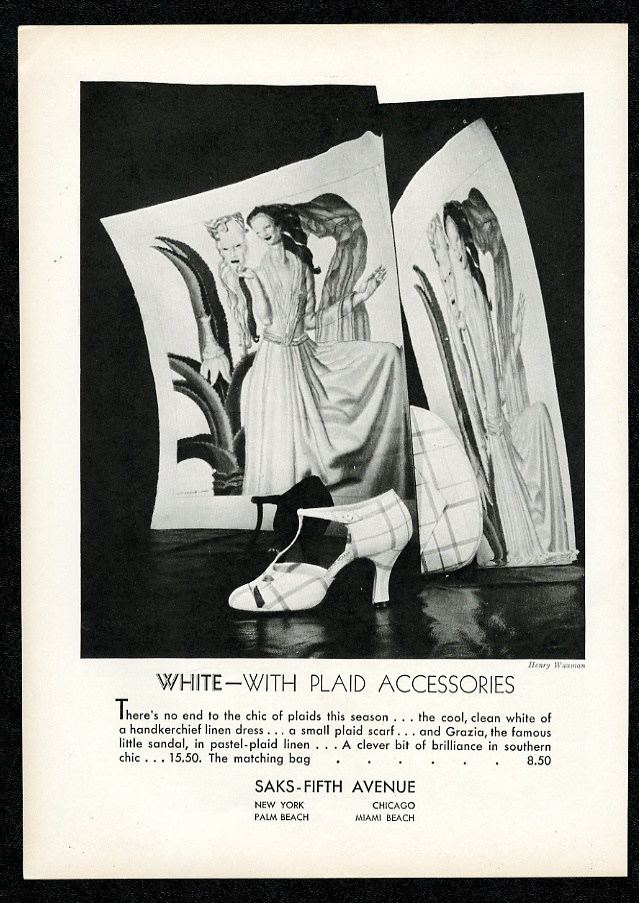 Grazia women's white plaid linen shoe scarf bag purse Saks print advertisement
