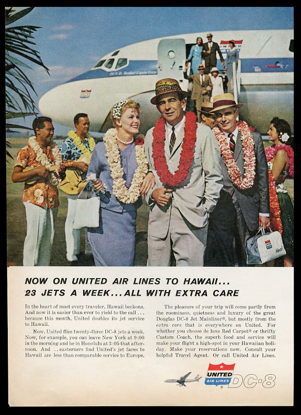 1960 United Airlines plane stewardess Hawaii lei greeting photo vintage ...