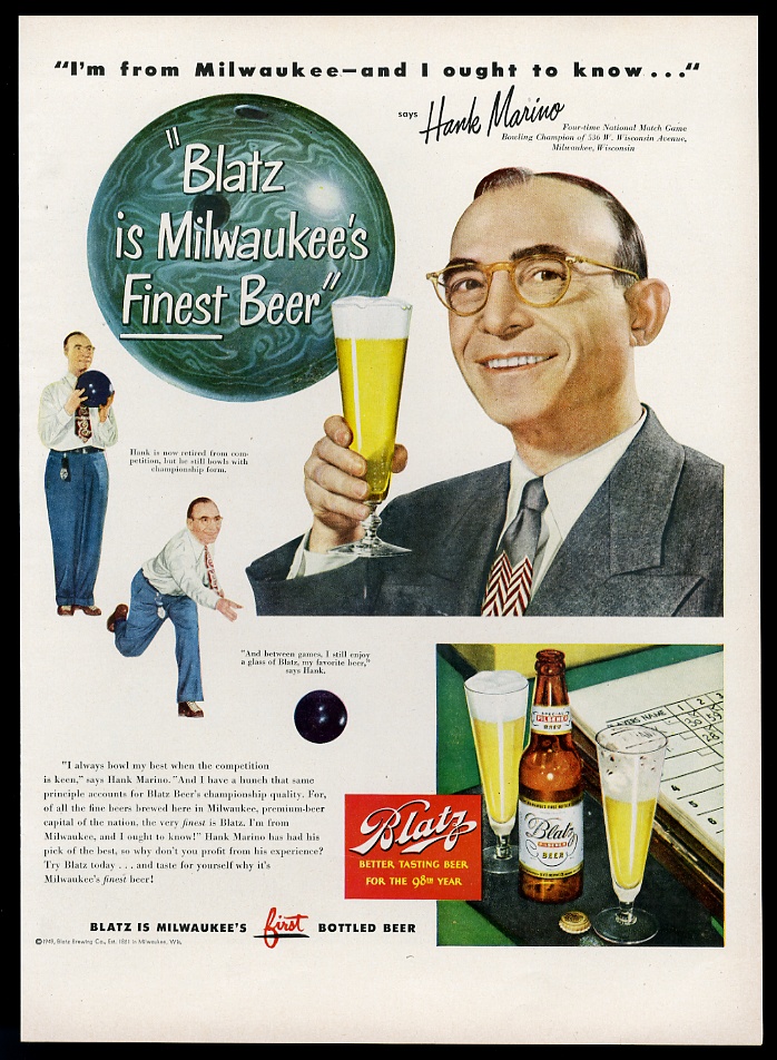 Blatz Beer Hank Marino bowling vintage print advertisement