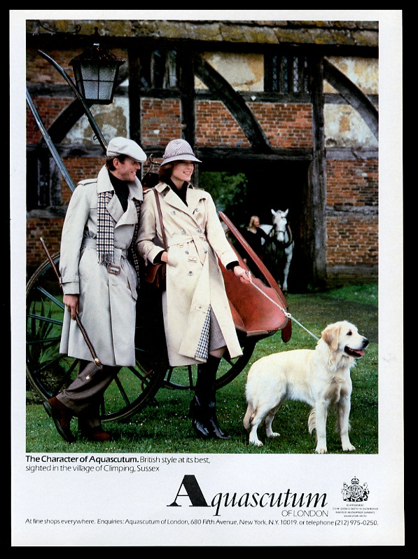 Aquascutum mens womens trench coat Golden Retriever vintage print advertisement