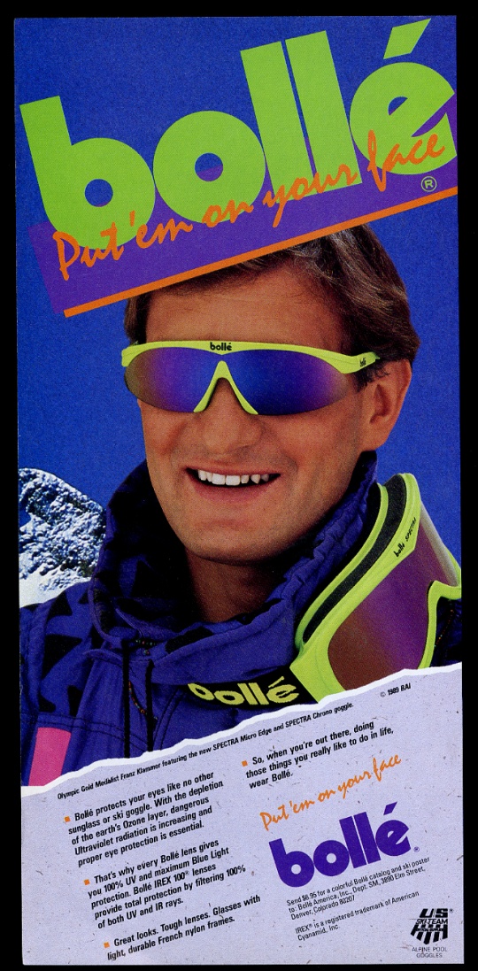 Franz Klammer Bolle skiing ski goggle sunglasses vintage print advertisement
