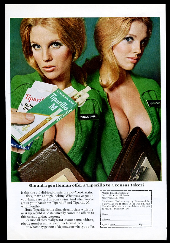 Tiparillo cigar census taker busty women vintage print advertisement