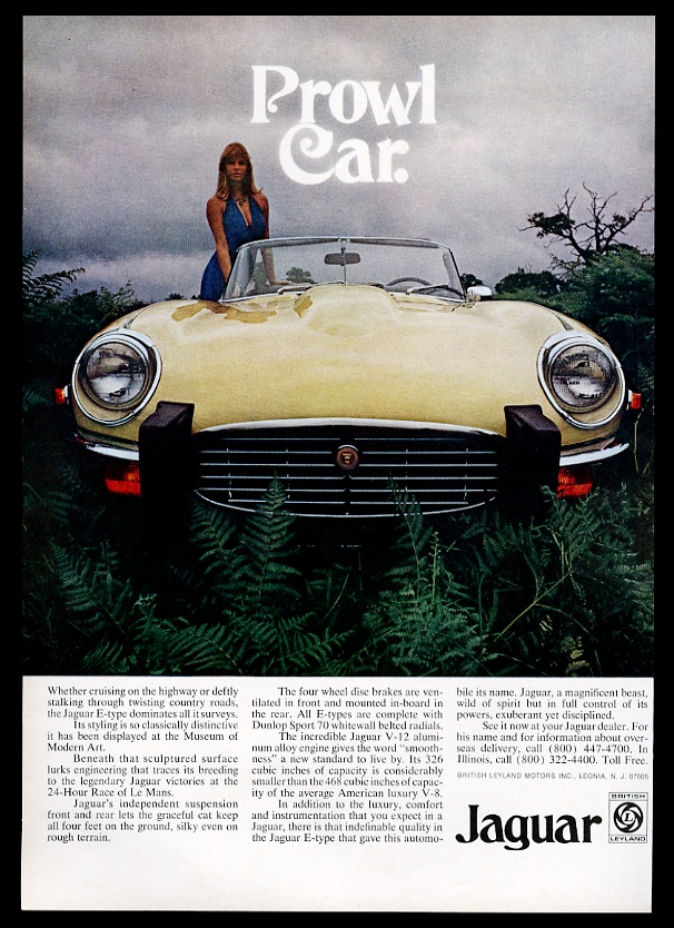 1974 Jaguar XKE XK-E roadster yellow car and woman vintage print advertisement