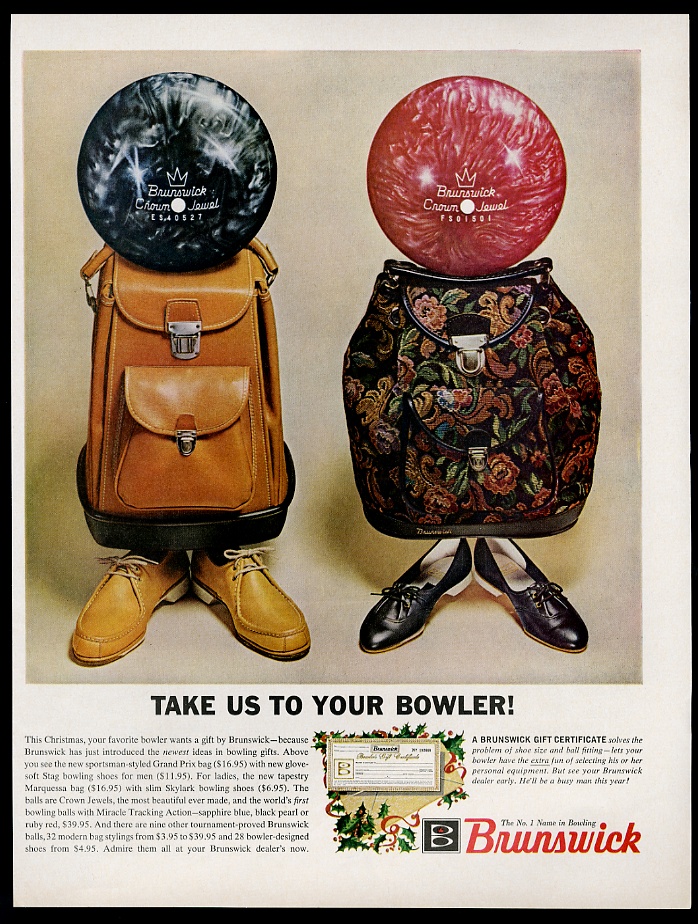 Brunswick bowling ball bag shoes 'alien' Christmas vintage print advertisement