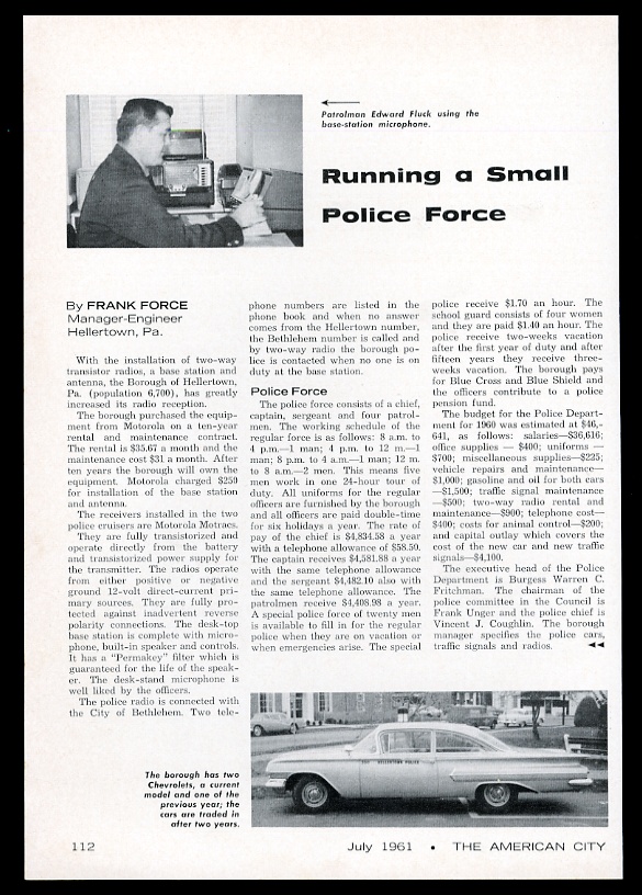 1961 Hellertown Pennsylvania Police force Chevrolet cop car vintage article