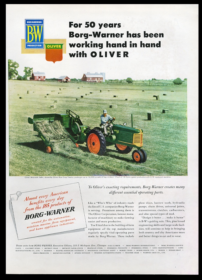 Oliver row crop tractor baler farm farmer Borg-Warner print advertisement