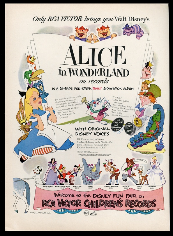 1951 Walt Disney Alice IN Wonderland Great Movie ART RCA Record Vintage ...