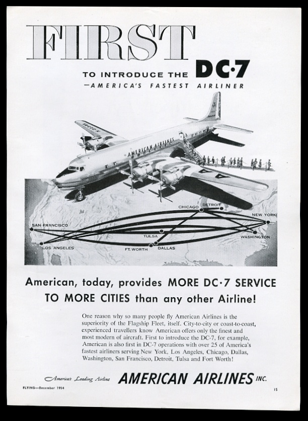 1954 American Airlines DC 7 Plane Over USA Route MAP Vintage Print AD ...