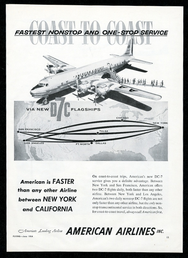 1954 American Airlines DC7 plane photo USA route map art vintage print ...