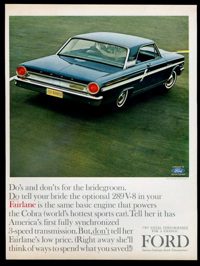 1964 Ford Fairlane coupe blue car vintage print advertisement