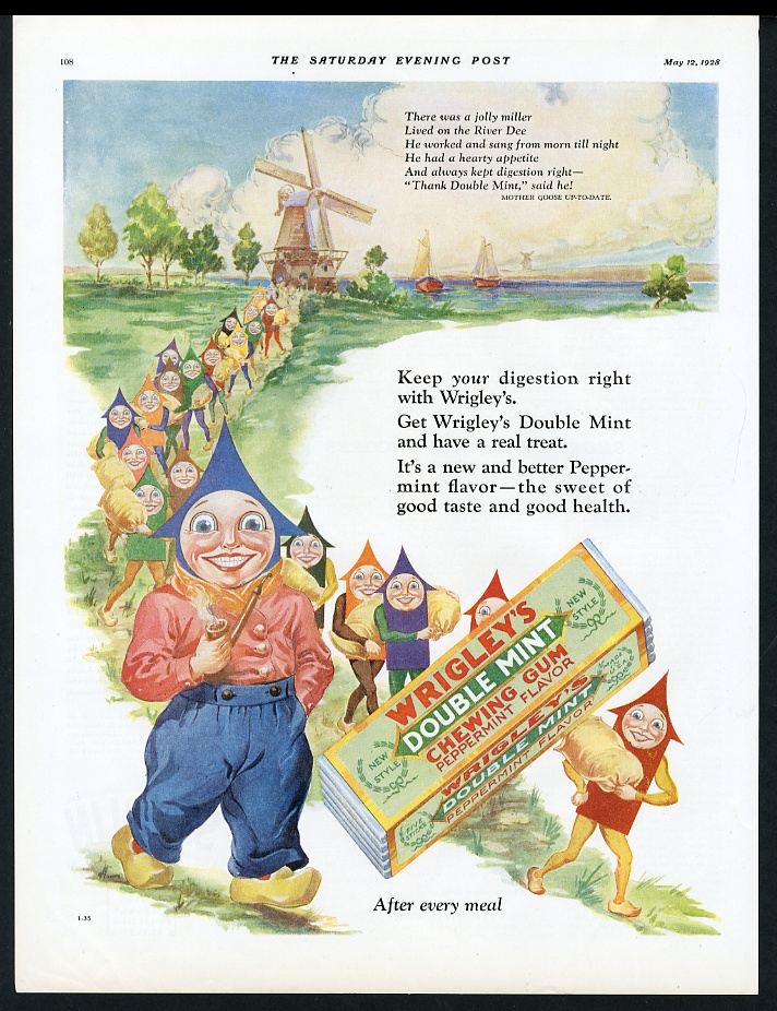 Wrigley's Double Mint Gum Holland windmill color art vintage print advertisement