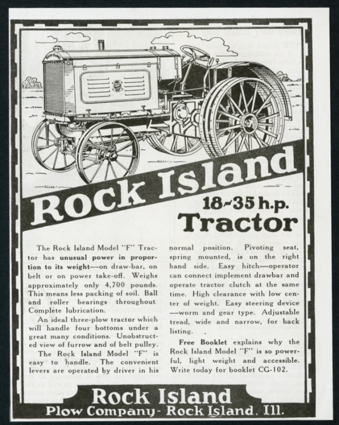 Rock Island model F farm tractor illustrated vintage print advertisement