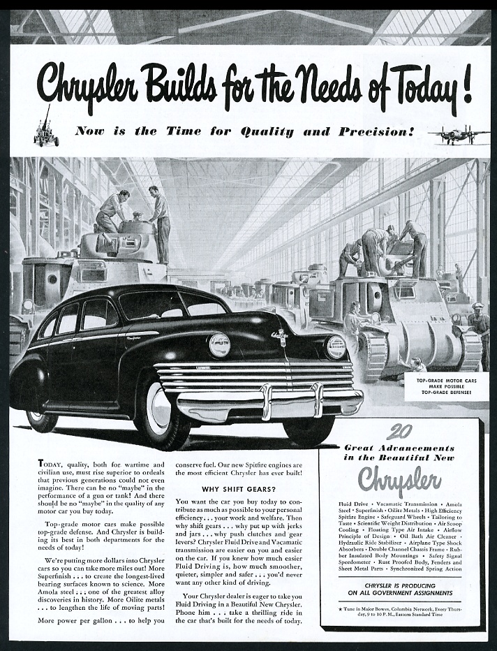 1942 Chrysler New Yorker car WW2 US Army tank assembly line vintage print advertisement