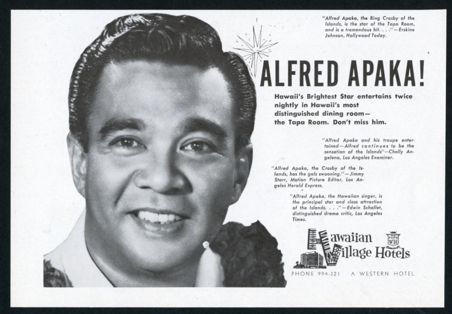 Alfred Apaka Hawaiian Village Hotel vintage print advertisement