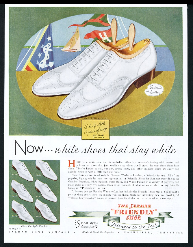 Jarman white wingtip men's shoes & yachting yacht flag art vintage print advertisement