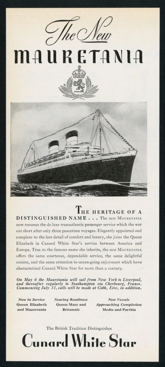RMS Mauretania ship pic Cunard White Star travel vintage print advertisement