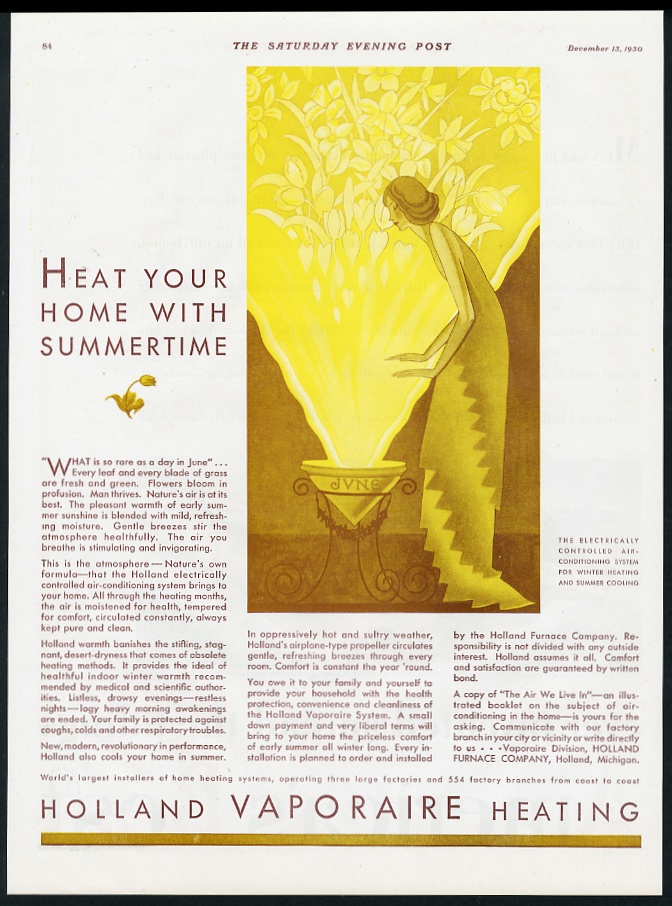 art deco gold woman flowers Holland Vaporaire Heating vintage print advertisement