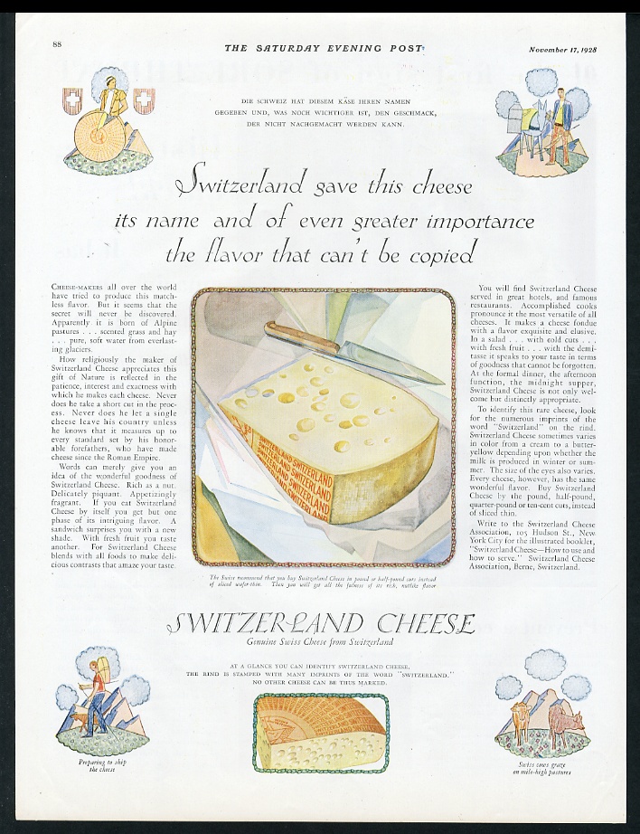Swiss Cheese from Switzerland color illustrated vintage print advertisement