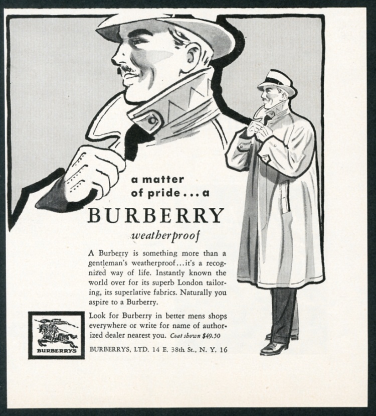 Burberrys man's trenchcoat trench coat illustrated vintage print advertisement
