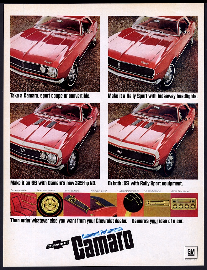 Details About 1967 Camaro 4 Models Red Ss Rs Rally Sport Color Photo Chevrolet Vintage Ad