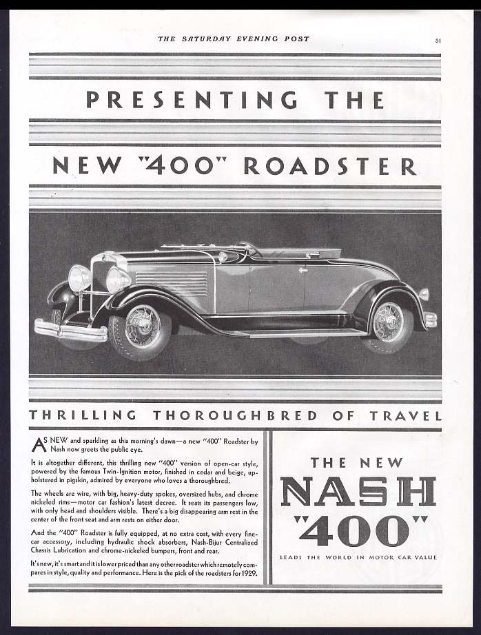 1929 Nash 400 roadster car illustrated vintage print advertisement