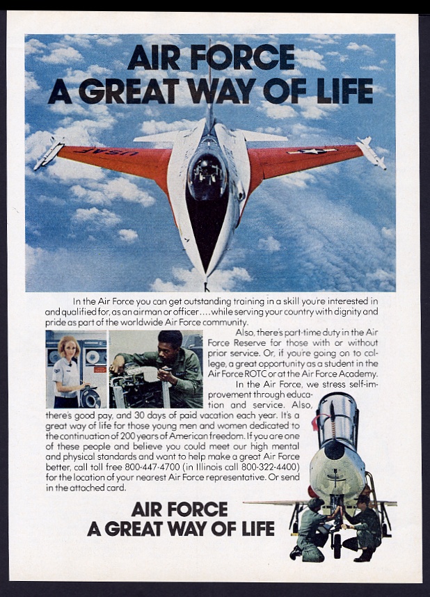 F-16 plane color USAF recruitment vintage print advertisement
