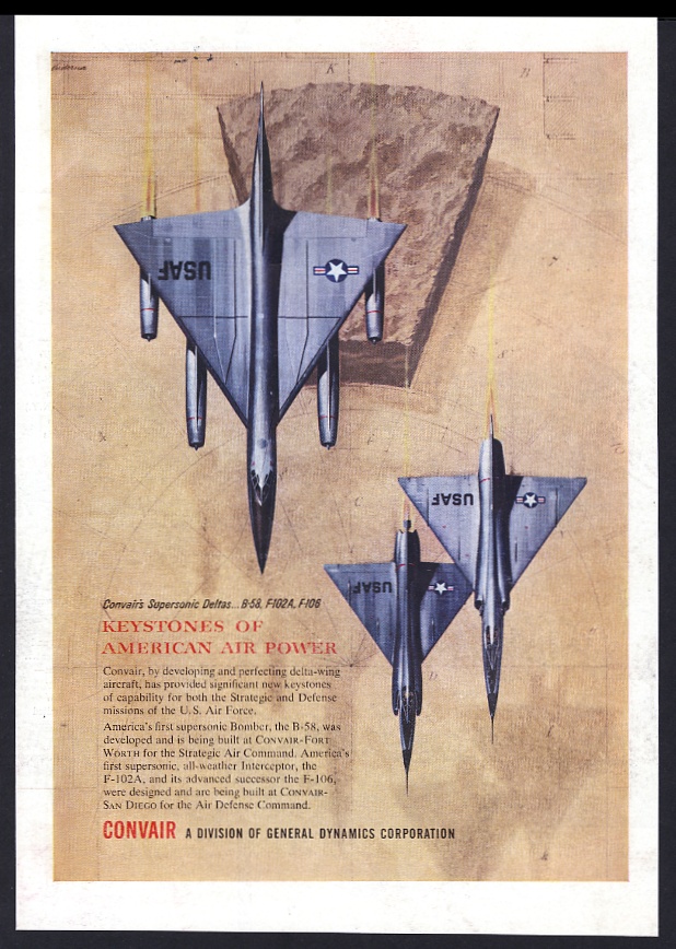 1958 USAF F-106 F-102A B-58 Hustler plane art Convair vintage print ad ...