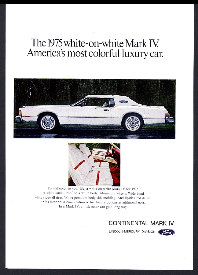 1975 Lincoln Continental Mark IV white on white car vintage print advertisement