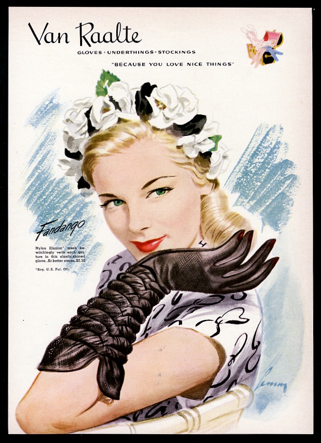 Van Raalte fandango women's black gloves smiling woman art vintage print advertisement