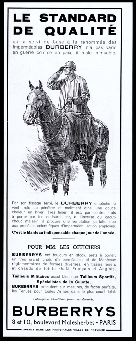 Burberrys trench coat soldier on horse art French vintage print advertisement
