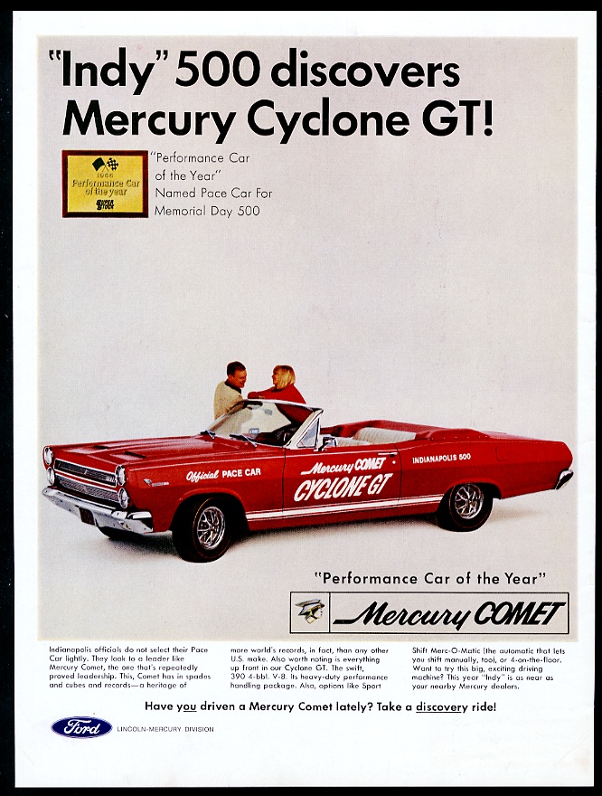 Mercury Comet Cyclone GT convertible red Indy 500 Pace Car vintage print advertisement