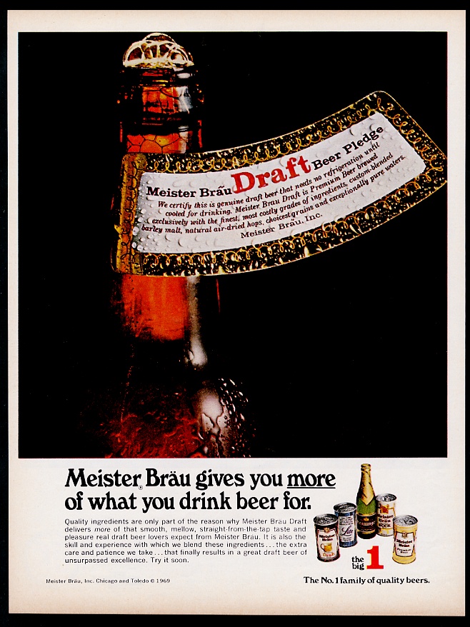 Meister Brau Draft Beer bottle & can vintage print advertisement