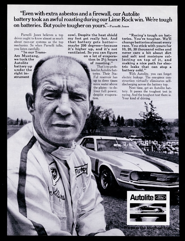 1970 Ford Mustang Trans-Am race car Parnelli Jones Autolite print advertisement
