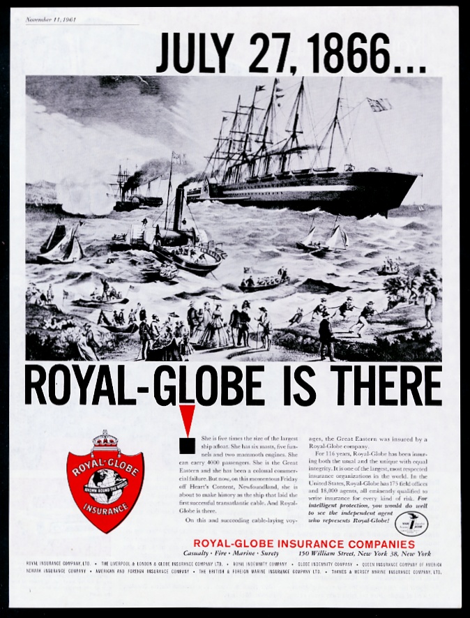Great Eastern ship 1866 art Royal-Globe Insurance vintage print advertisement