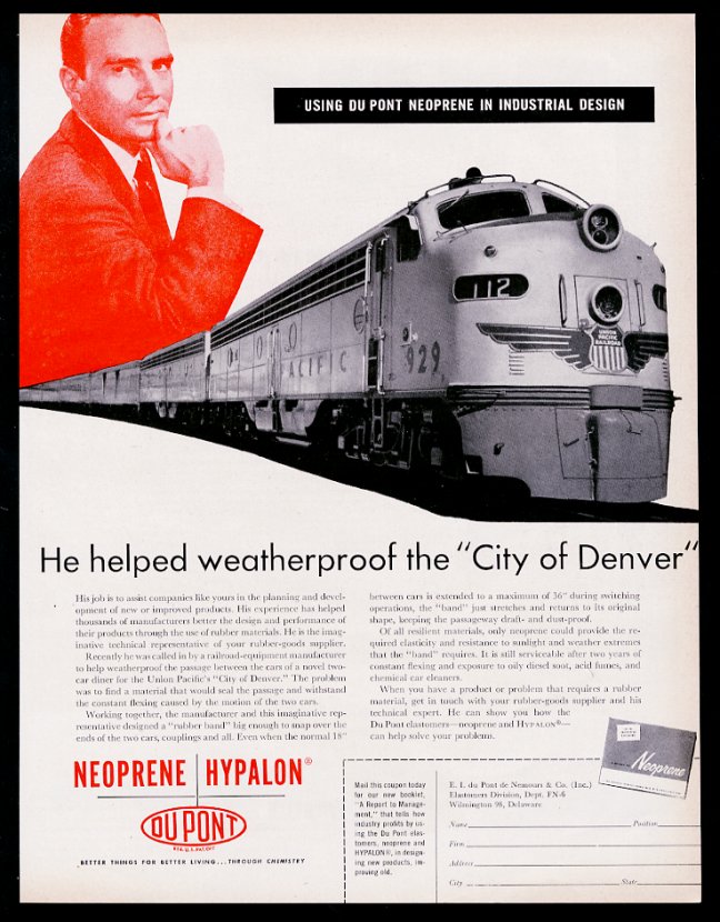 Union Pacific Railroad City of Denver train Du Pont Neoprene print advertisement