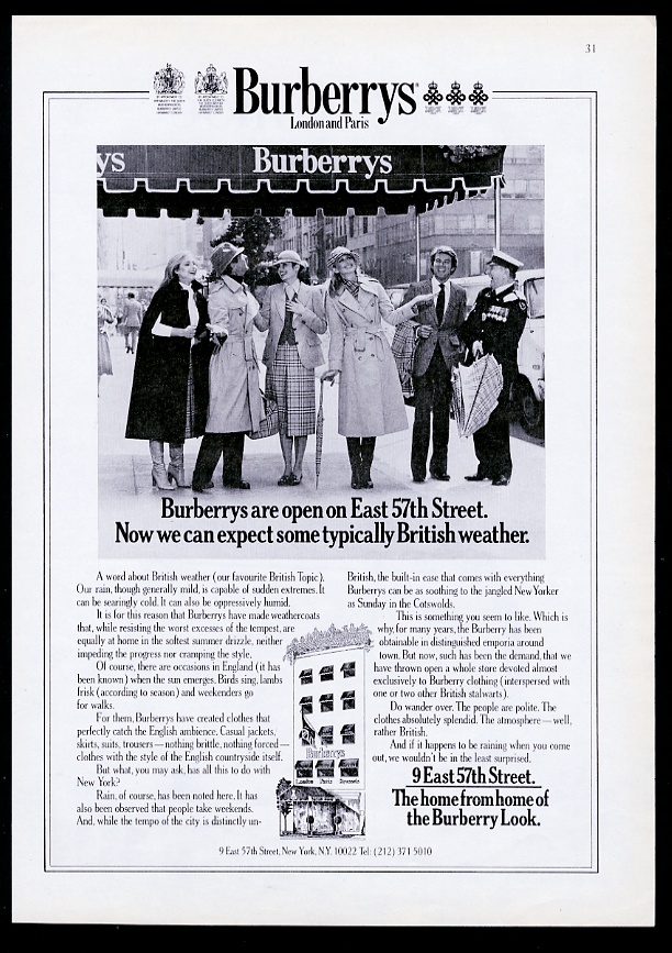 Burberrys trenchcoat scarf umbrella New York City store vintage advertisement