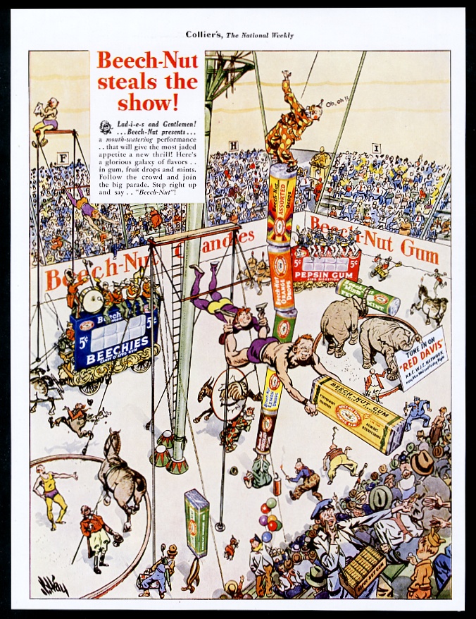 Beech-Nut gum candy circus clown elephant acrobat art vintage print advertisement