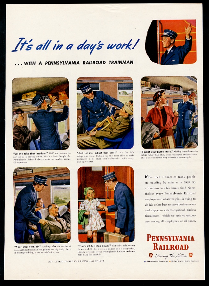 Pennsylvania Railroad train trainman color art vintage print advertisement
