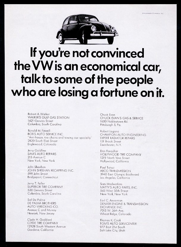 1967 VW Volkswagen Beetle classic car mechanic list 11x8 print advertisement