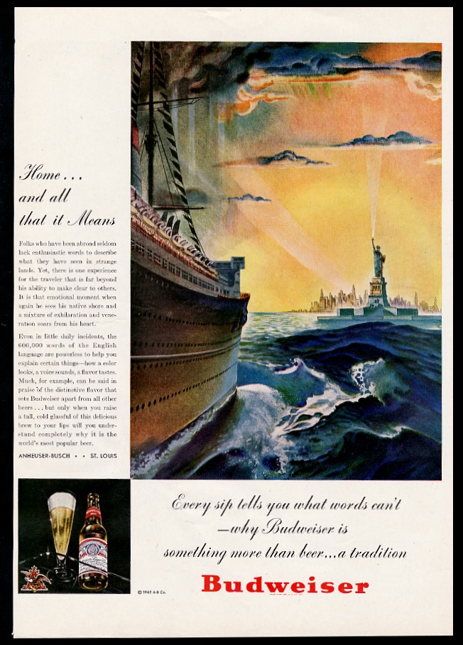 Statue of Liberty & ship sunset art Budweiser Beer vintage print advertisement