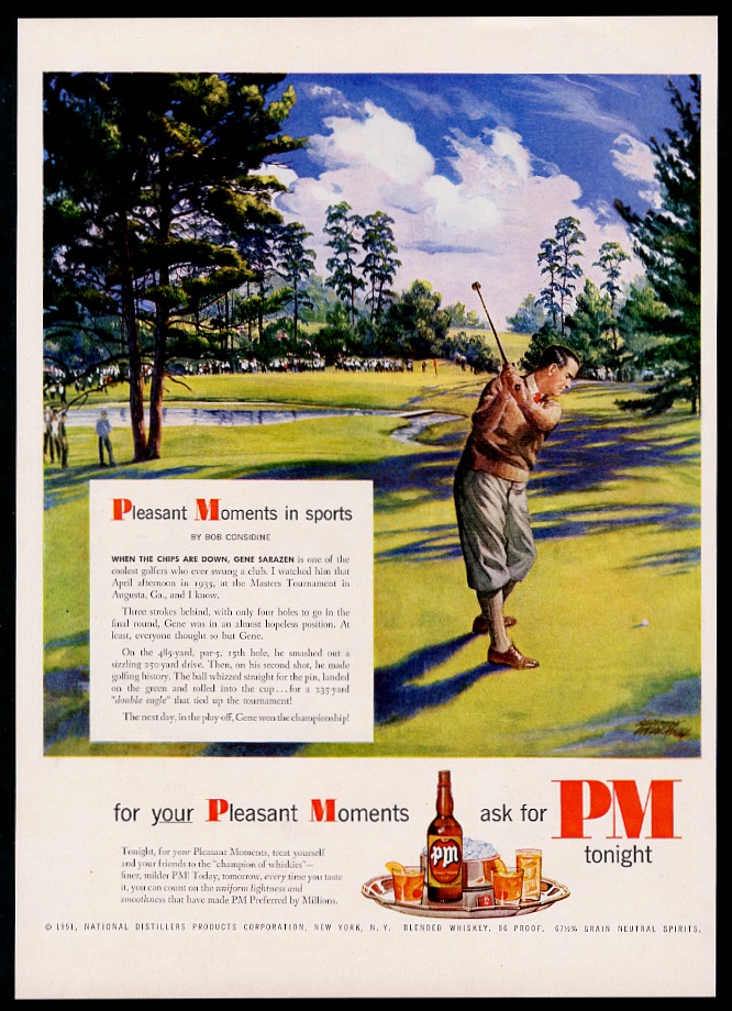 The Masters golf tournament Augusta Gene Sarazen pic PM Whiskey print advertisement