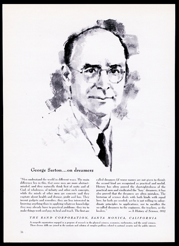 George Sarton portrait and quote The Rand Corporation vintage print advertisement