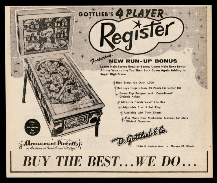 Gottlieb Register pinball machine vintage print advertisement