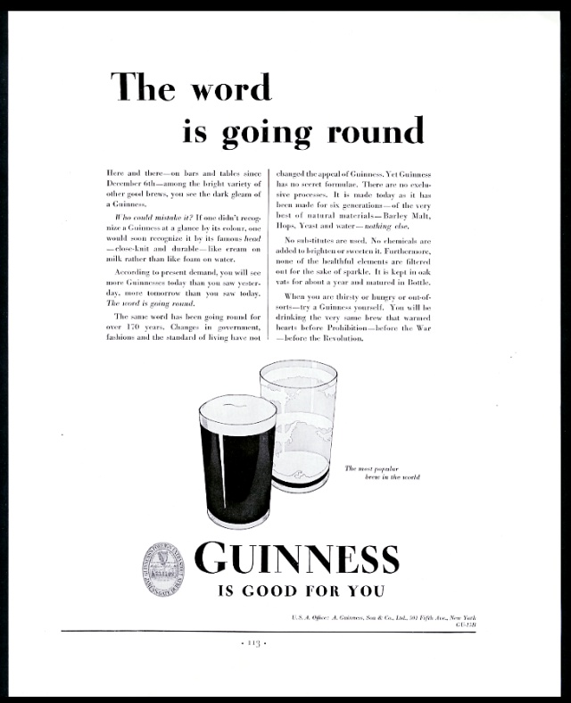 Guinness beer pint glass art The Word Is Going Round vintage print advertisement