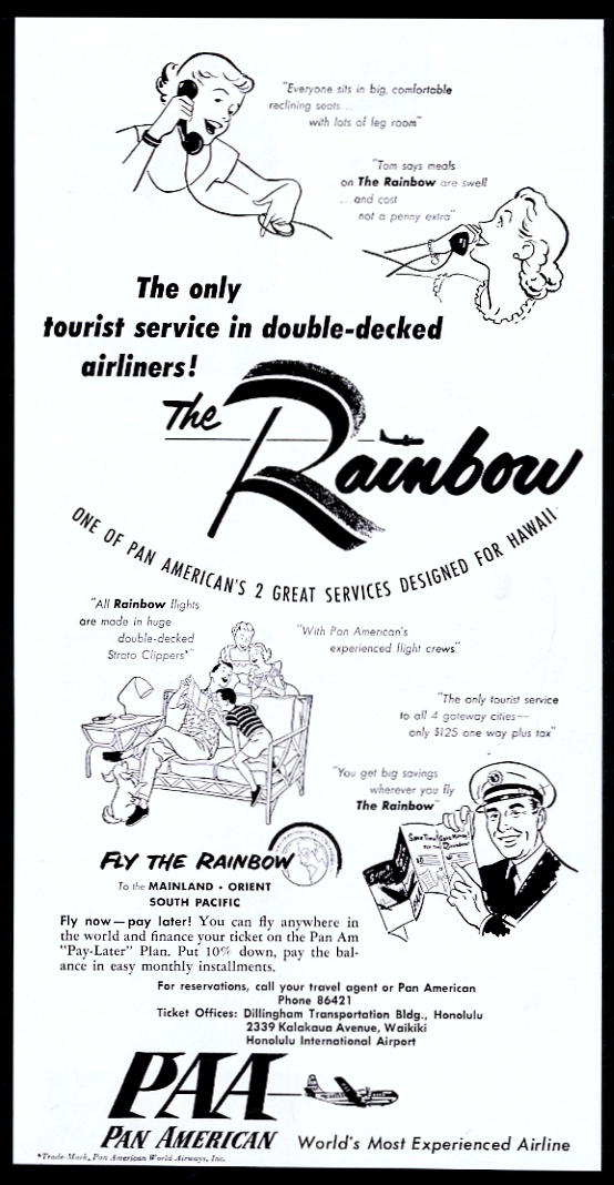 Pan Am airlines The Rainbow flight Hawaii to Mainland unusual vintage advertisement