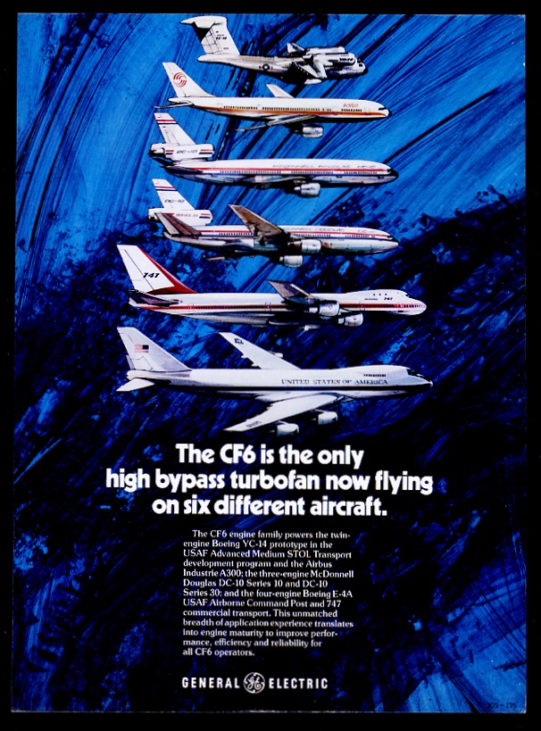 Air Force One 747 DC-10 Airbus A300 YC14 plane art General Electric CF6 advertisement